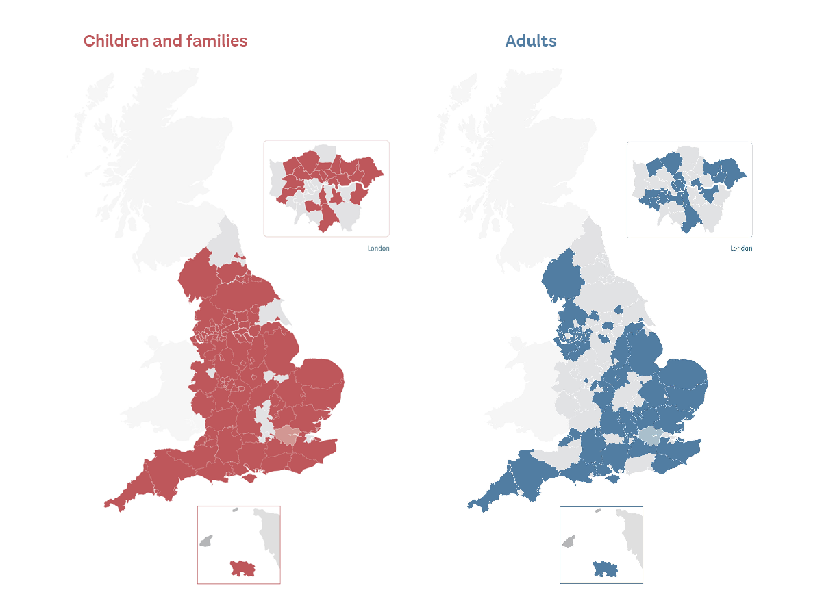A map of England showing the over 210 local, national and voluntary sector organisations, as well as universities that are partners of Research in Practice